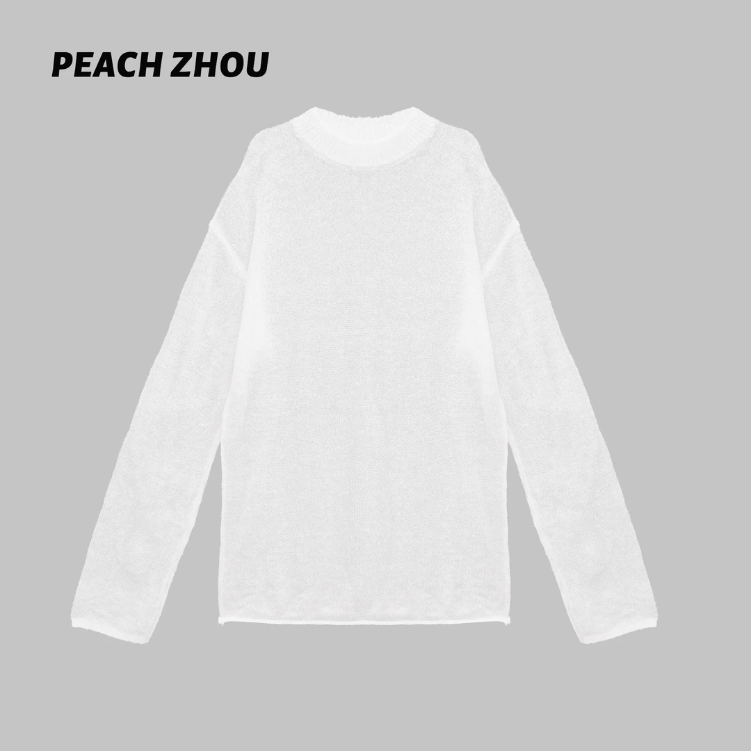 『PEACHZHOU』卷边微透针织宽松长袖针织衫休闲百搭慵懒松弛毛衣女