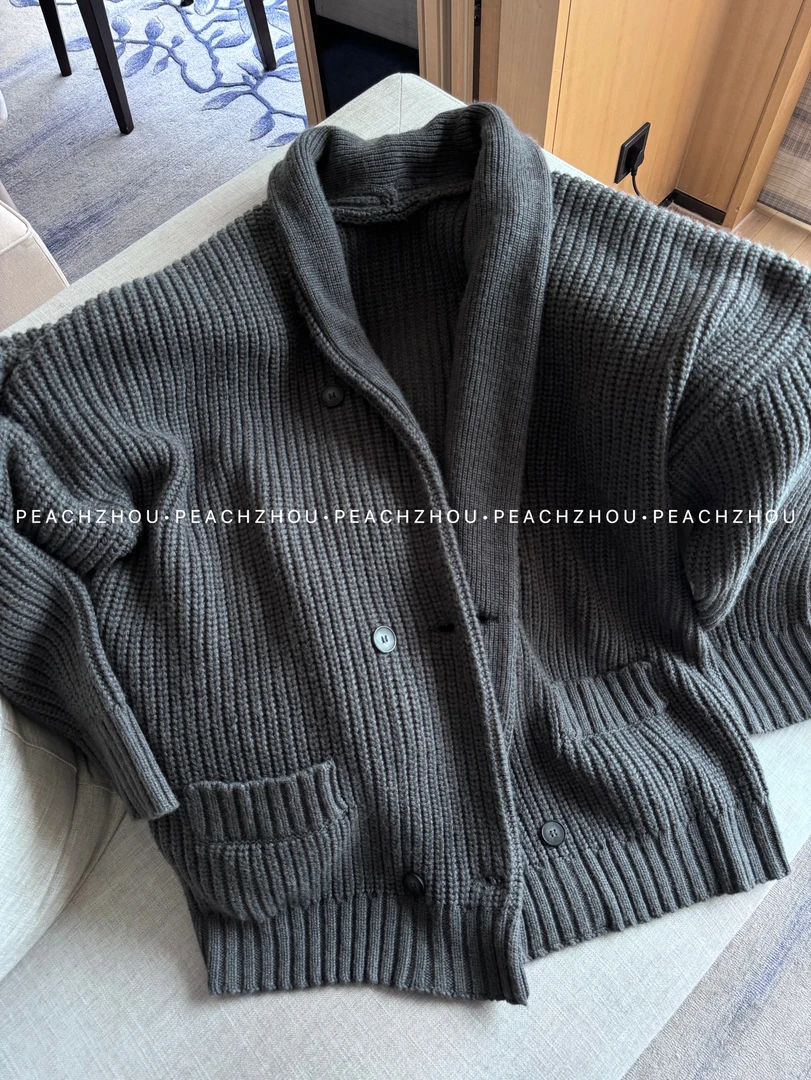 『PEACHZHOU』美丽诺粗针双排扣宽松道袍翻领针织开衫休闲毛衣外套