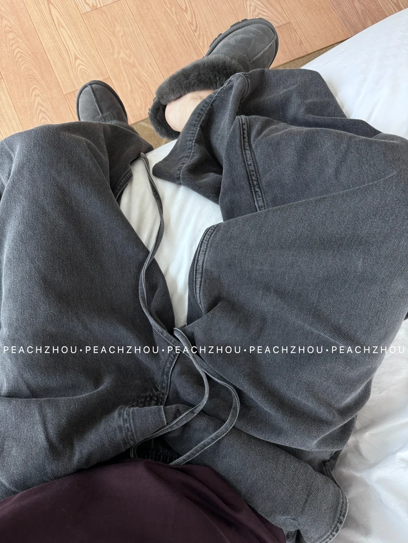 『PEACHZHOU』黑灰色水洗宽松直筒牛仔裤休闲复古百搭微喇阔腿长裤