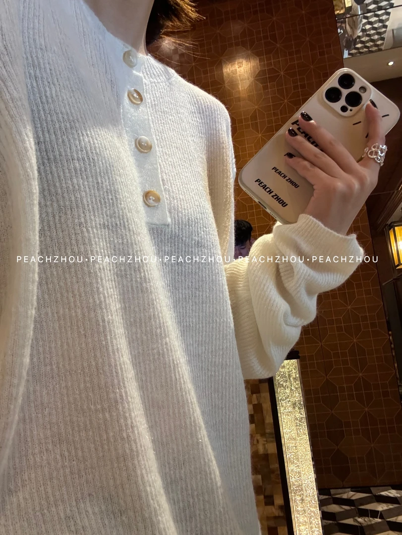 『PEACHZHOU』坑条亨利领羊毛宽松慵懒针织衫休闲百搭老钱上衣女