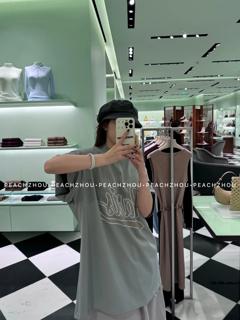 『PEACHZHOU』波浪paris字母印花宽松圆领廓形短袖休闲百搭情侣T恤