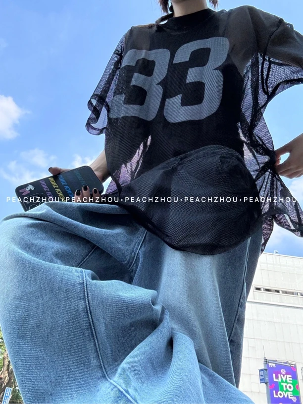 『PEACHZHOU』33数字印花网眼宽松圆领短袖休闲透气防晒慵懒球衣T恤