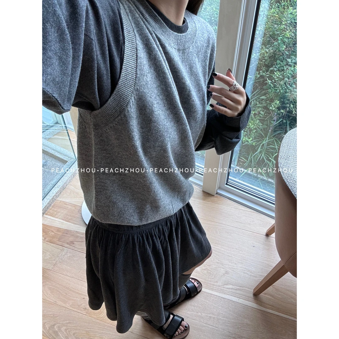 『PEACHZHOU』简约纯色圆领套头宽松针织马夹休闲百搭洋气外搭马甲
