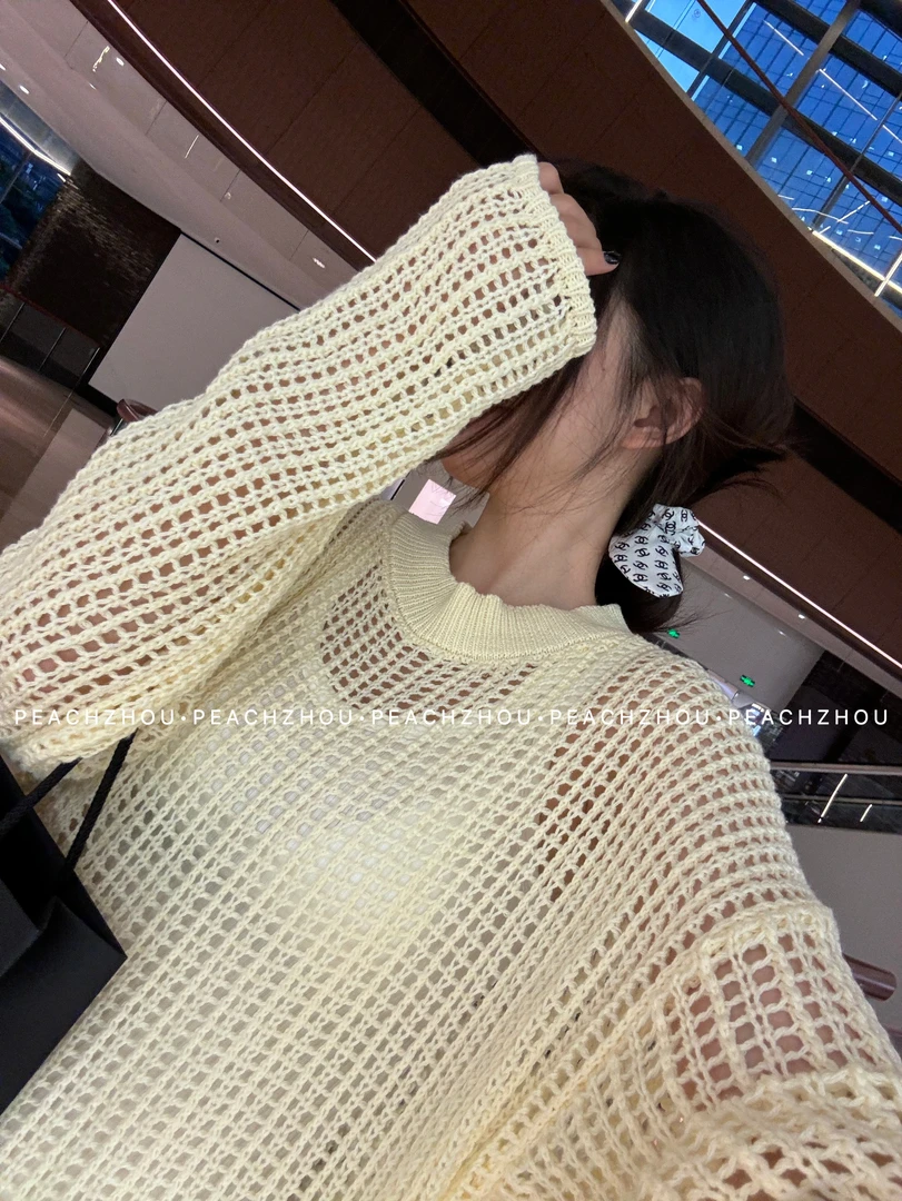 『PEACHZHOU』镂空宽松圆领针织罩衫休闲百搭慵懒风设计感防晒上衣
