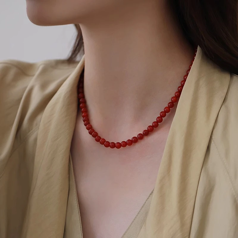 S925银红玛瑙手工串珠项链女款冷淡风时尚百搭锁骨链轻奢颈饰颈链