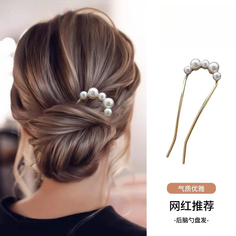 气质u型珍珠发簪 女简约现代丸子头盘发神器发钗气质日常优雅现代