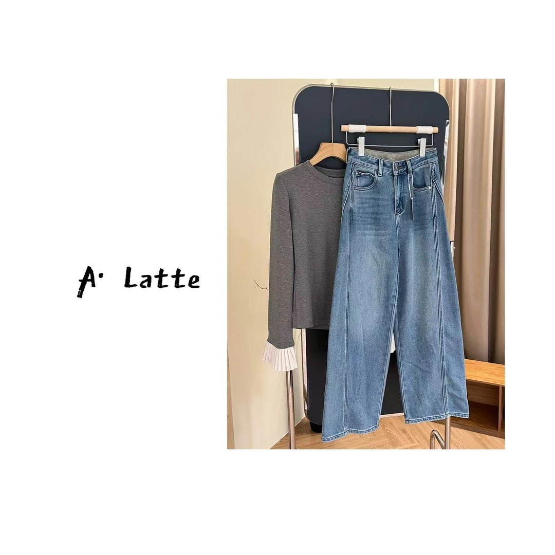 【孤品特价】德绒牛仔/  红人上新立裁水洗一体德绒阔腿长裤