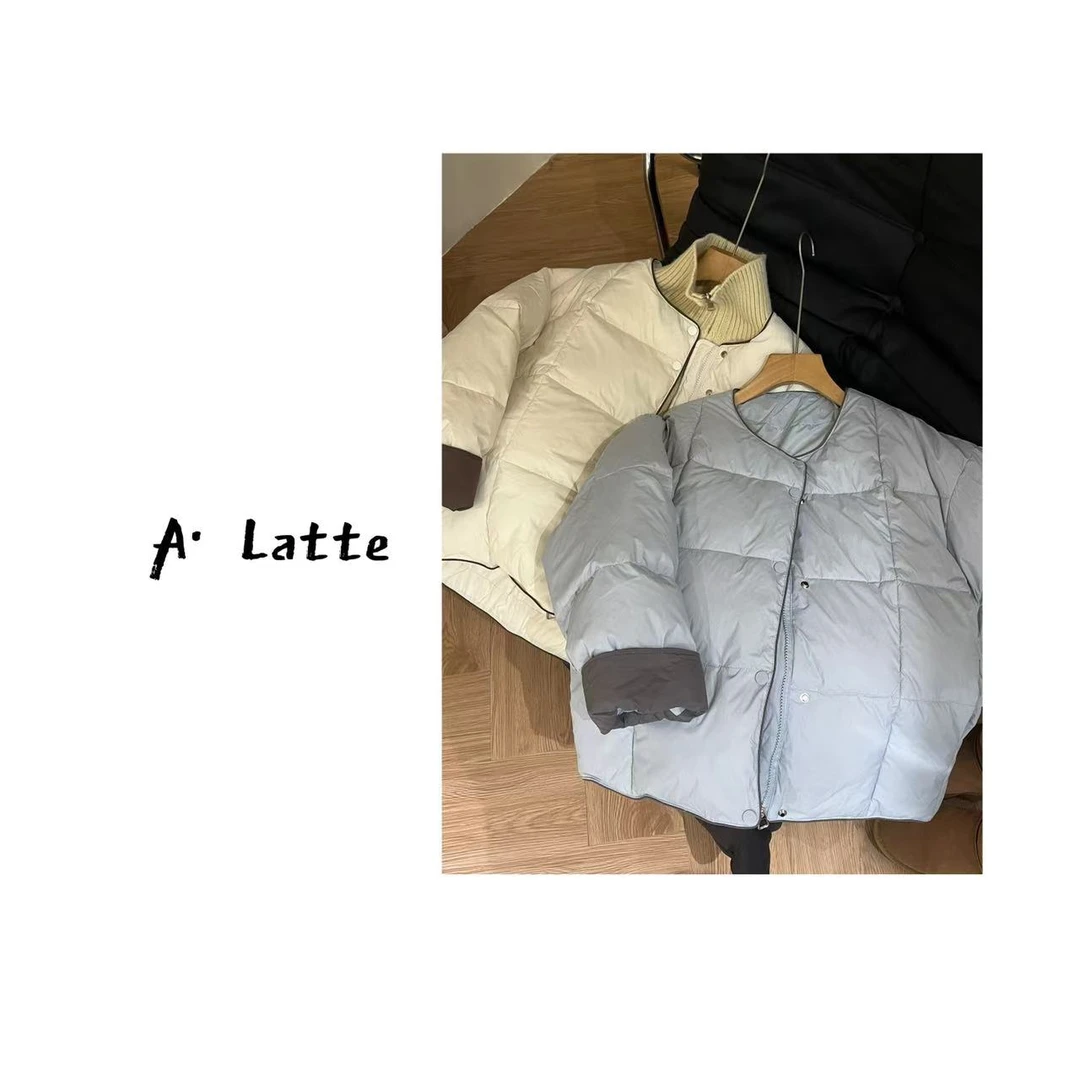 ALatte：拼色羽羽/  方格充绒圆领保暖羽绒服撞色羽绒外套