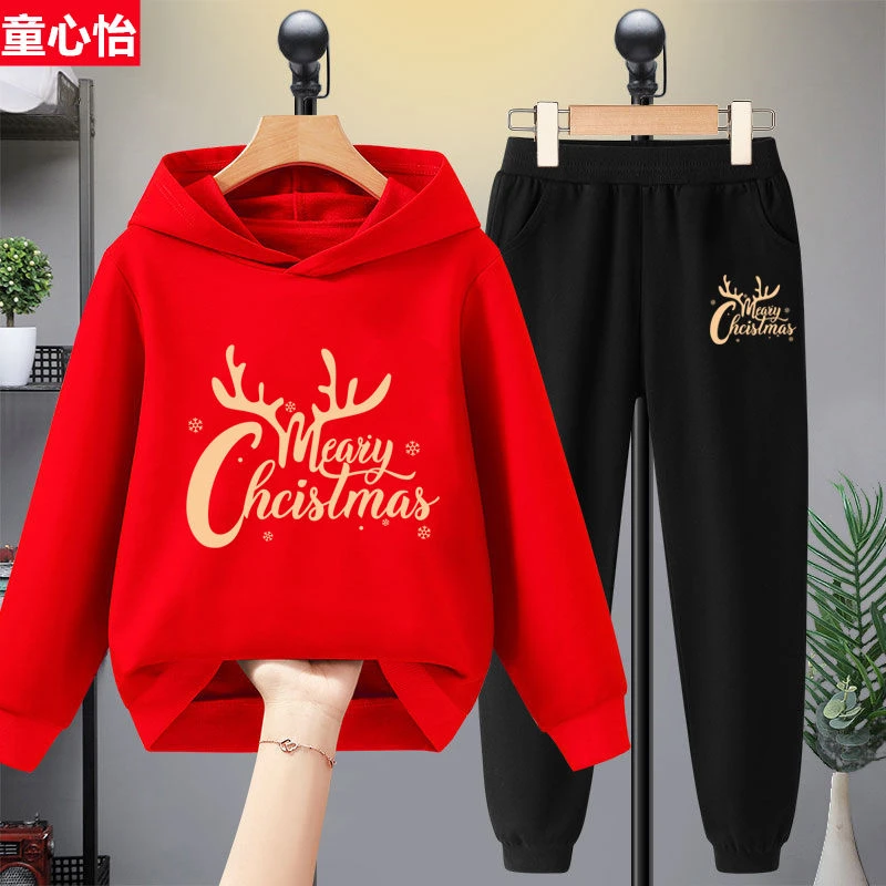 儿童红色卫衣套装2023新款秋冬圣诞节衣服男童加绒上衣女童演出服