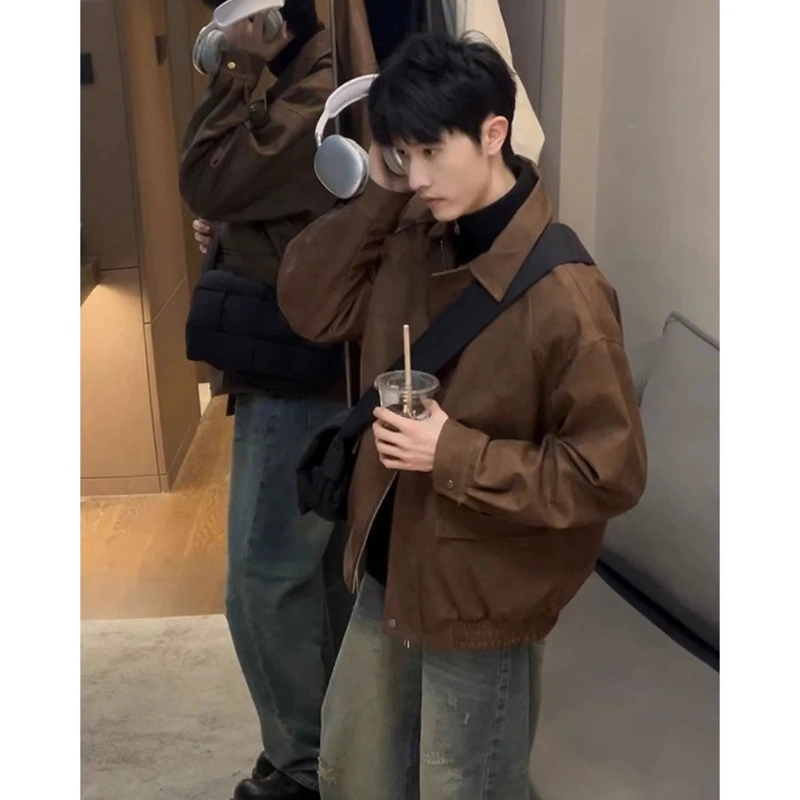 美式高街棕色雾面皮衣外套男高级感秋冬季cleanfit短款飞行员夹克