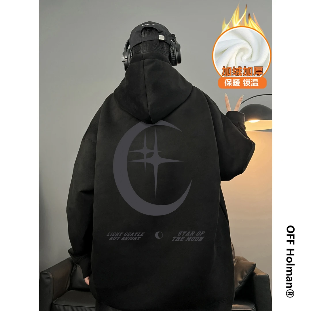 OFF HOLMAN加绒加厚秋冬新款重磅复古连帽卫衣百搭宽松情侣外套潮