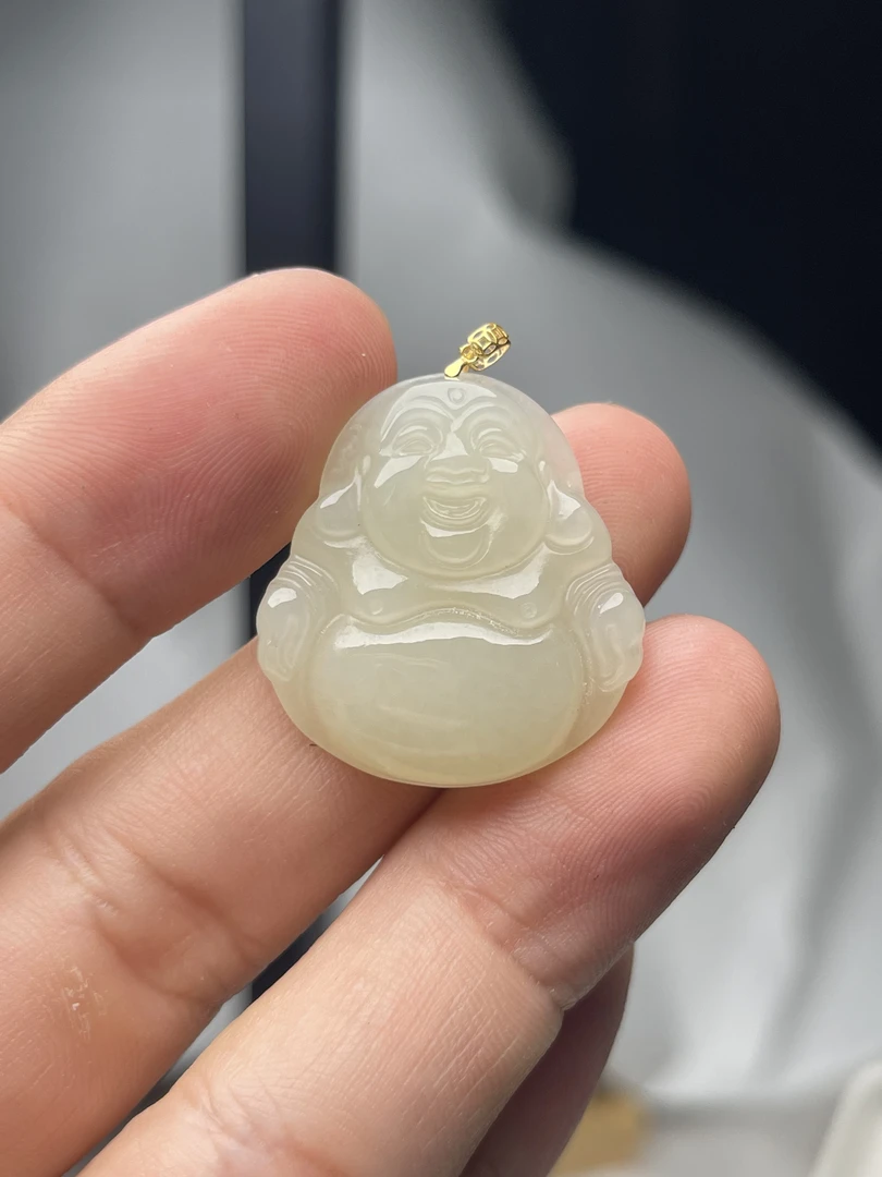 【弥勒佛】18K金27mm大肚弥勒佛新疆羊脂白和田玉原矿无优化