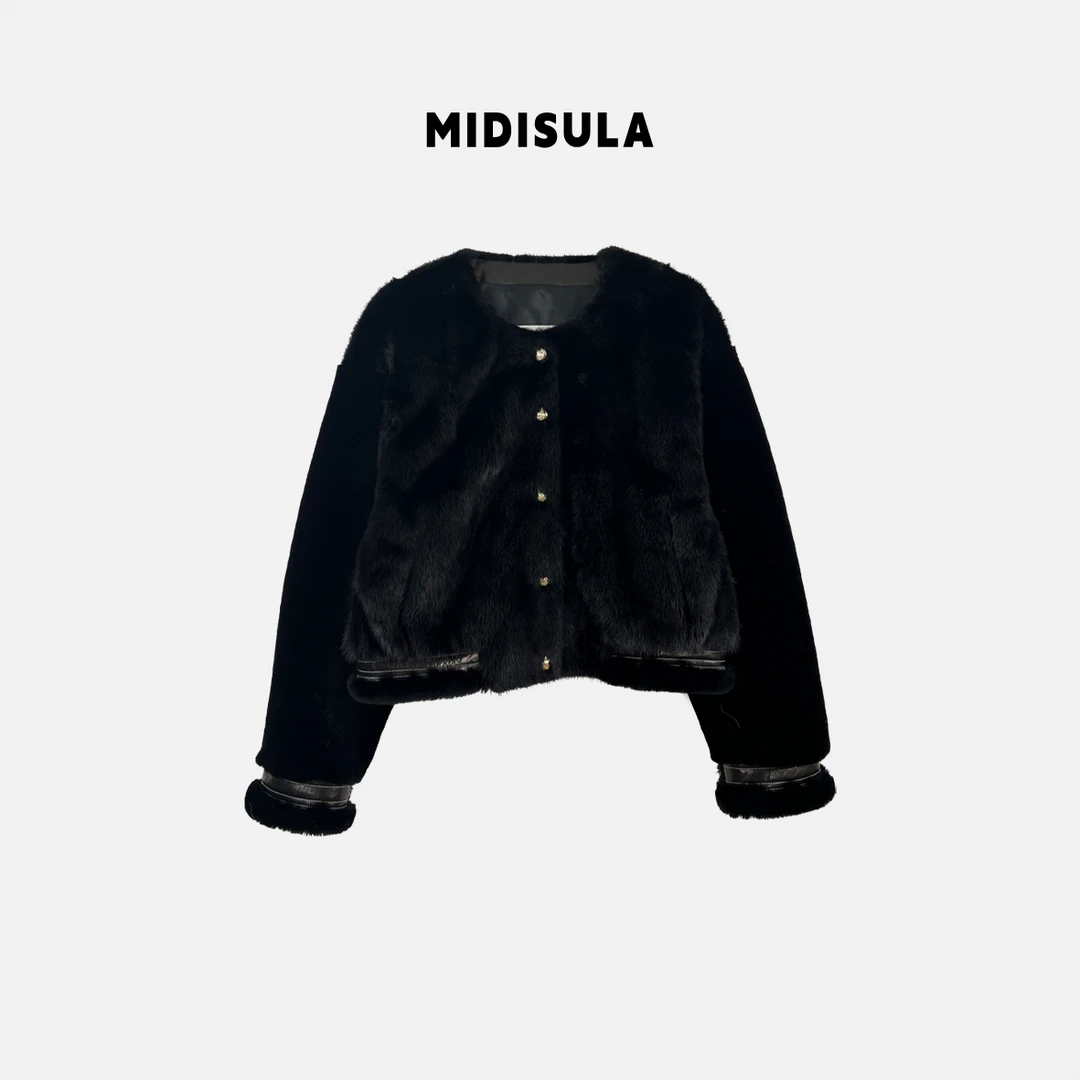 【H.MDSL】新款单排扣圆领小香风皮毛一体拼接外套#2024-DF111