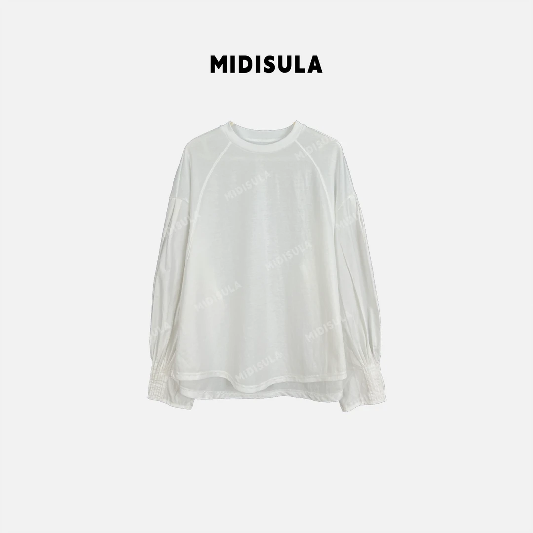【H.MDSL】褶皱灯笼袖拼接衬衫T恤宽松显瘦纯色简约打底上衣#1308