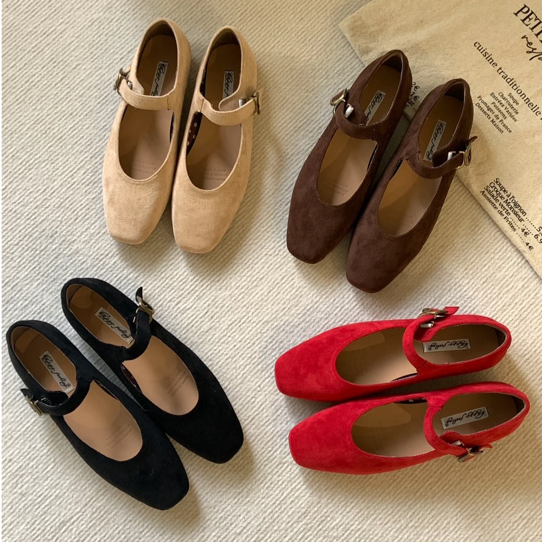 韩版绒面极简ins玛丽珍单鞋配裙子软底方头芭蕾舞鞋381-381