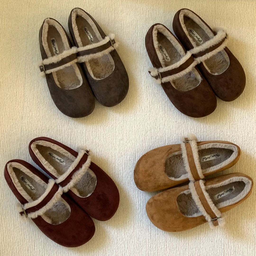 文艺复古风加绒圆头玛丽珍单鞋配裙子百搭毛毛鞋显瘦女鞋988-2A