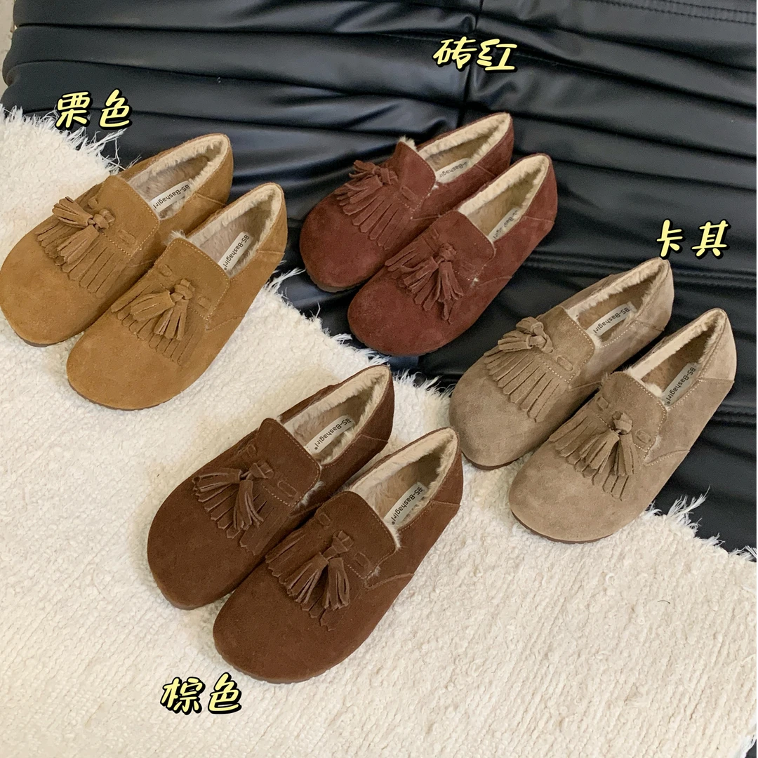 棉子家2024韩版新款真皮博肯鞋加绒加厚软底单鞋厚底加棉豆豆鞋