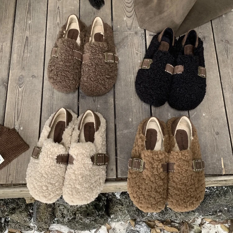 网红爆款皮带扣勃肯鞋保暖加绒豆豆鞋懒人一脚蹬毛毛鞋88-1