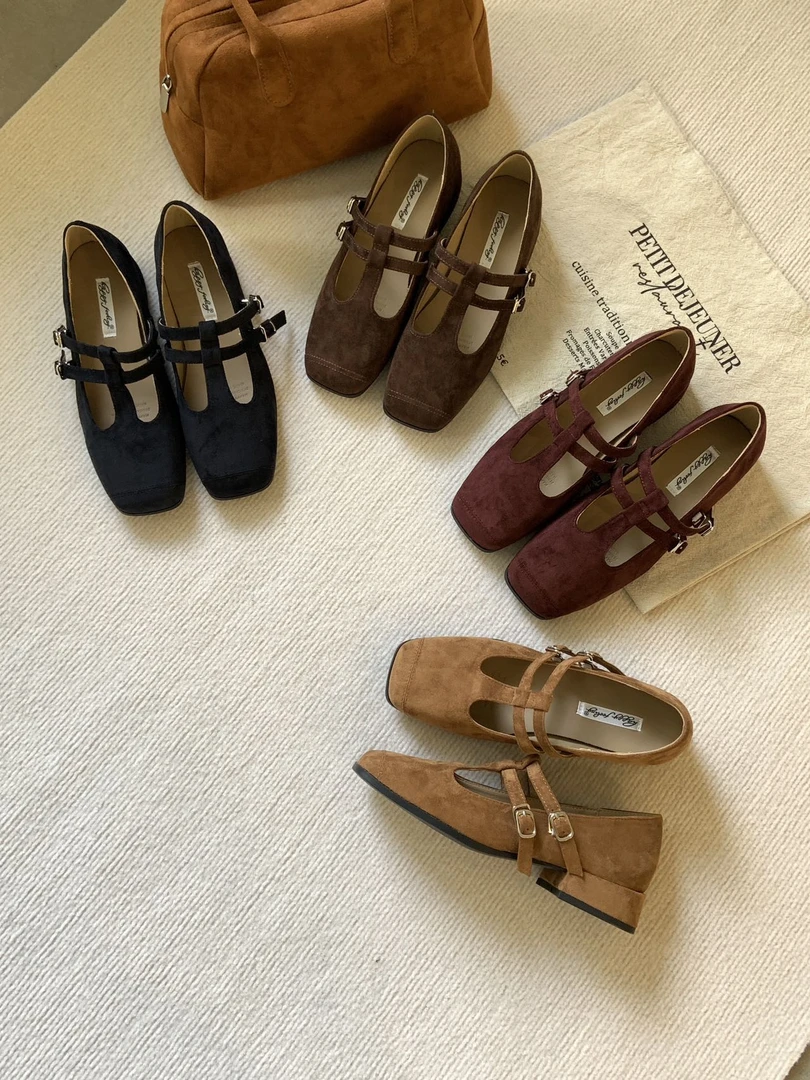 韩版T字带绒面粗跟单鞋秋季方头温柔风配裙子玛丽珍鞋800-2