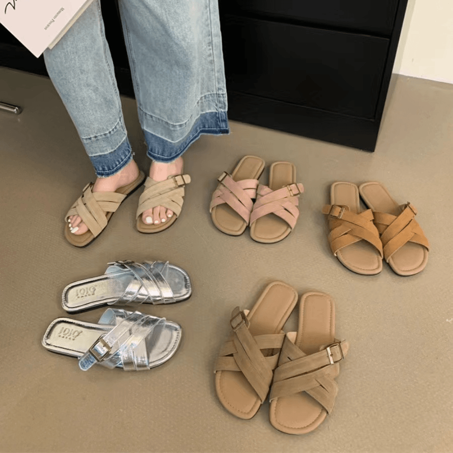 真皮森系方头夏季外穿软皮凉拖罗马拖鞋平底交叉带沙滩鞋668-2