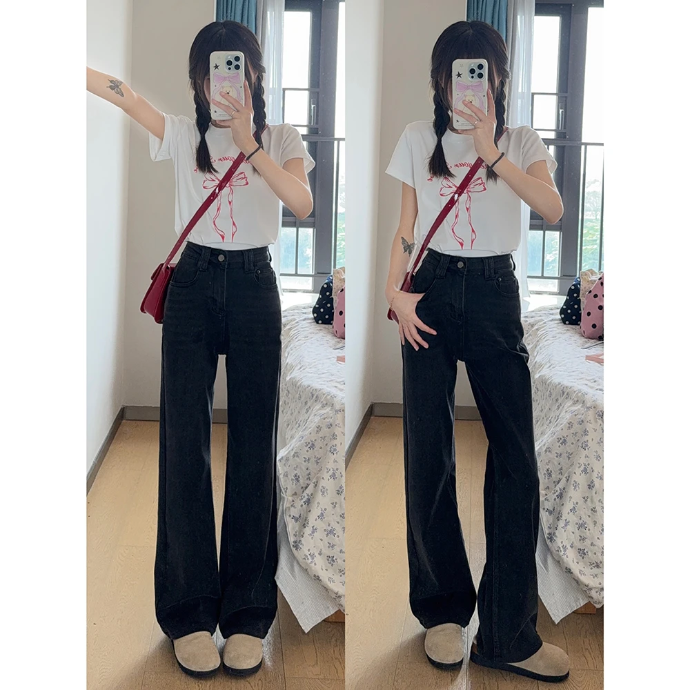 王家有鱼2025休闲时尚宽松阔腿牛仔裤黑色显瘦百搭小个子阔腿裤女