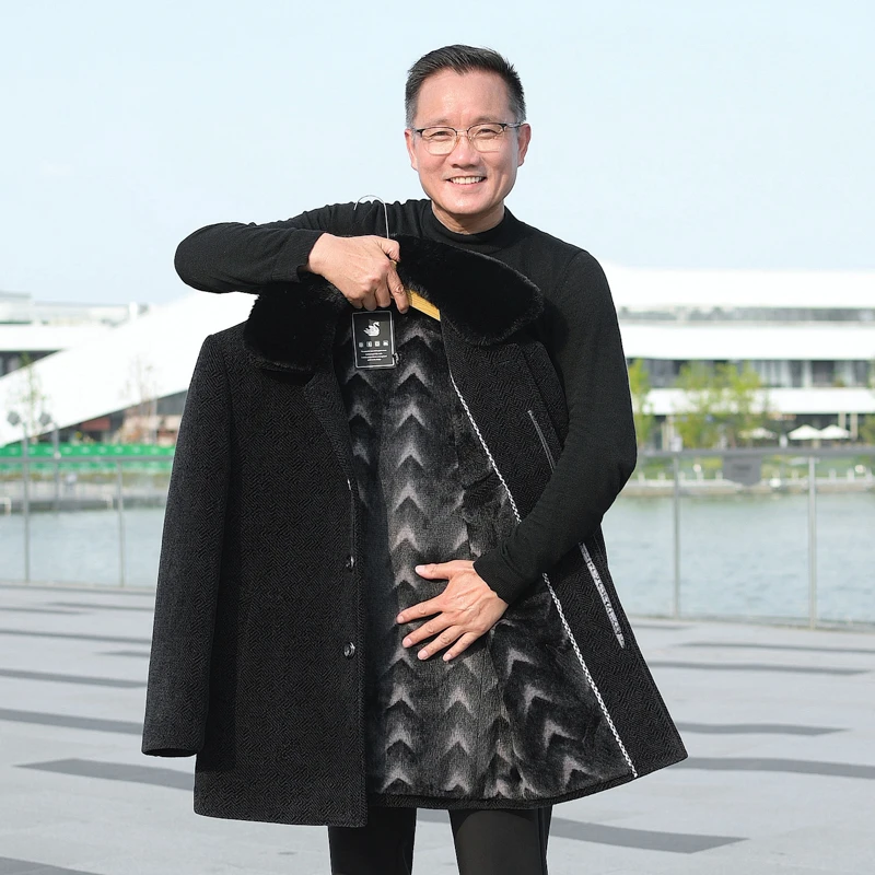 爸爸秋冬装外套加绒加厚中老年棉衣男雪尼尔大衣中长款保暖爷爷装