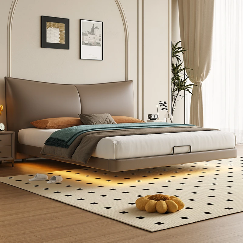 悬浮床202#新款意式极简侘寂风1米8床主卧双人头层真皮大床主卧室