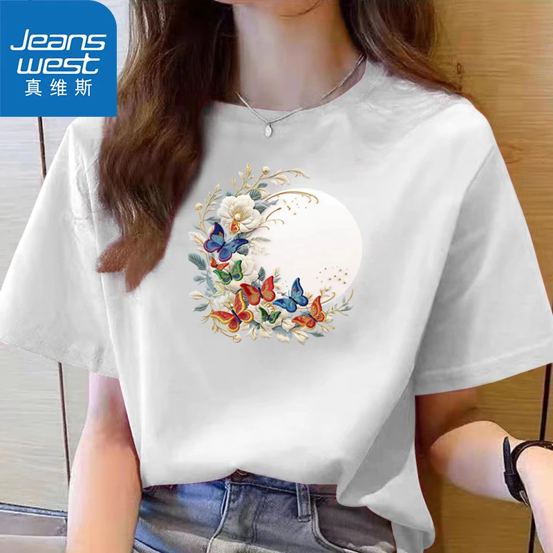 Jeanswest/真维斯印花纯棉T恤圆领女短袖大码时尚宽松百搭休闲夏