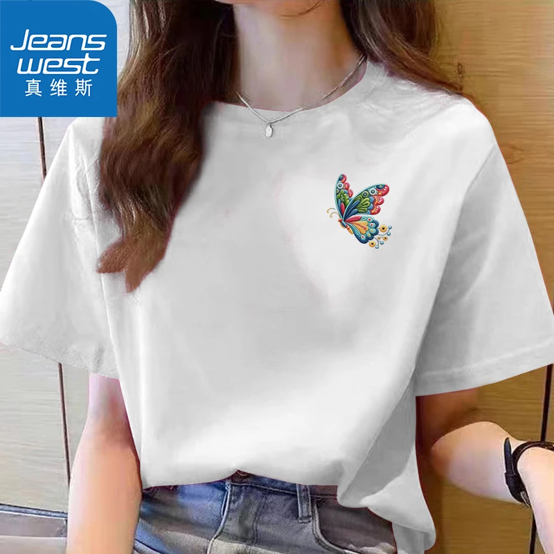 Jeanswest/真维斯印花纯棉T恤夏季女短袖宽松ins百搭休闲时尚夏季
