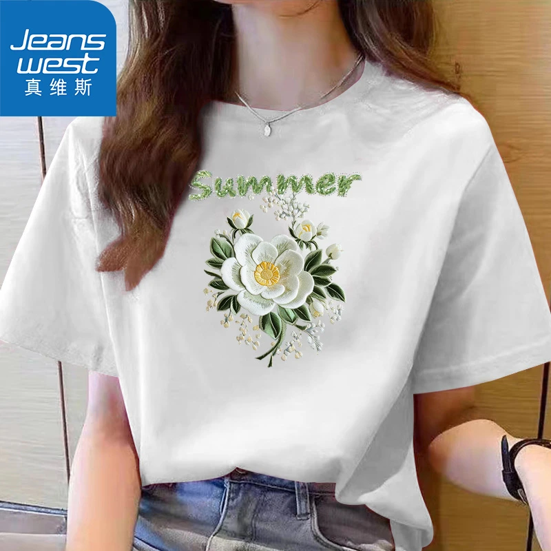 Jeanswest/真维斯印花纯棉T恤女百搭圆领宽松休闲短袖显瘦夏季