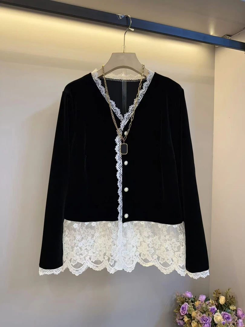 欧货大码女装2024新款丝绒拼蕾丝显瘦气质开衫(衣长65)