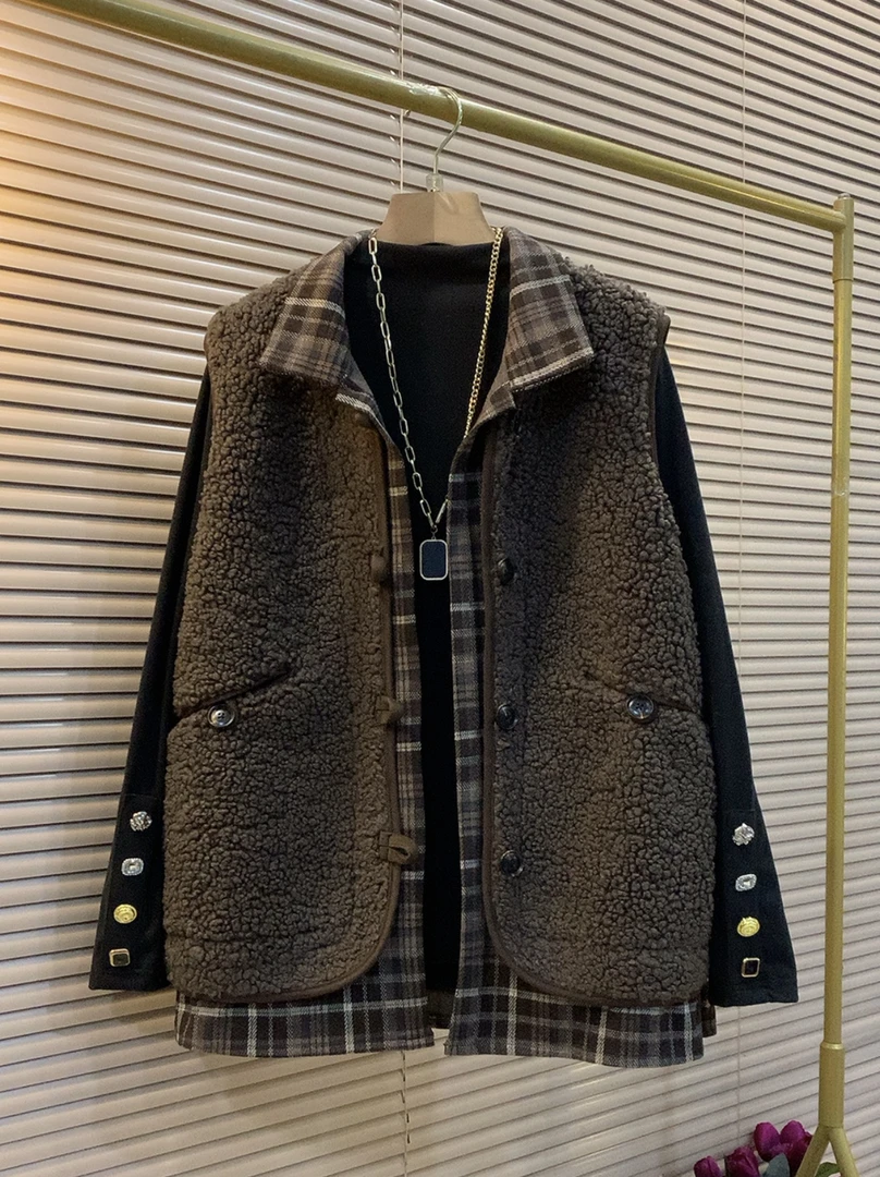 欧货新款遮肉显瘦气质时尚拼格子马甲