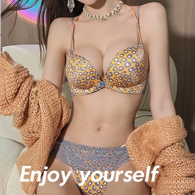 复古豹纹美背前扣聚拢内衣