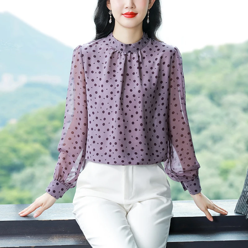 春装新款波点碎花雪纺衫长袖衬衫女洋气小衫宽松遮肚子上衣妈妈装