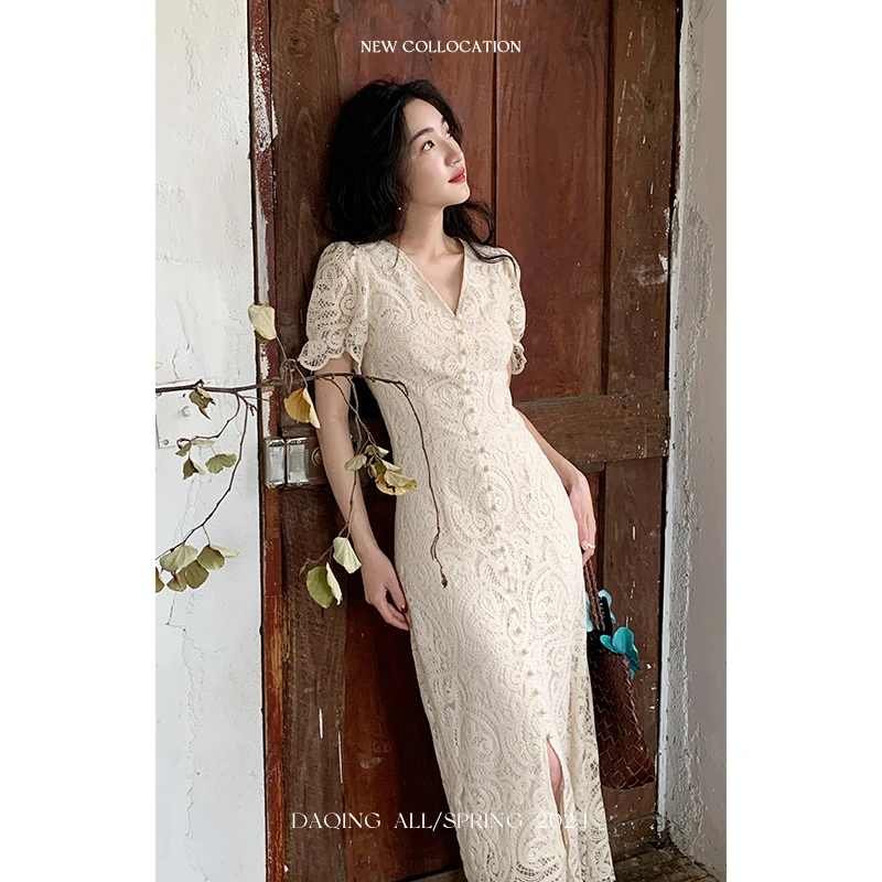 许大晴【罗曼蒂】法式浪漫收腰V领轻婚纱蕾丝连衣裙D8632