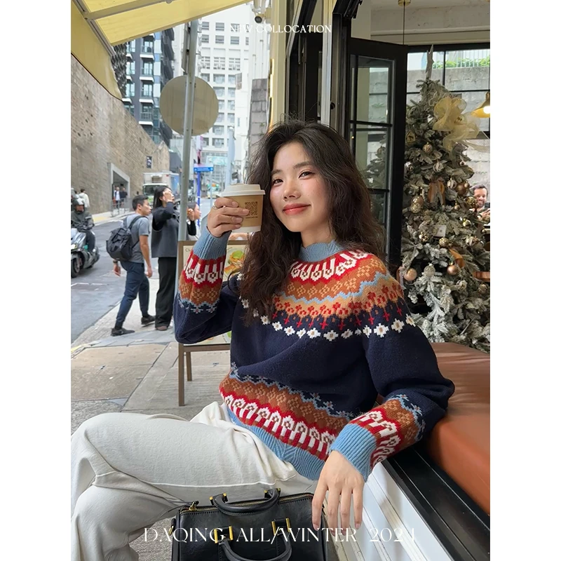 许大晴【圣诞屋】复古时尚花纹长袖圣诞节毛衣女D4795