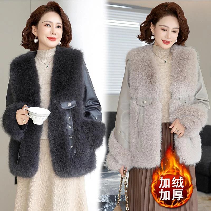 妈妈冬装加绒加厚外套仿皮草棉服中年装女秋冬皮毛一体棉衣40-50