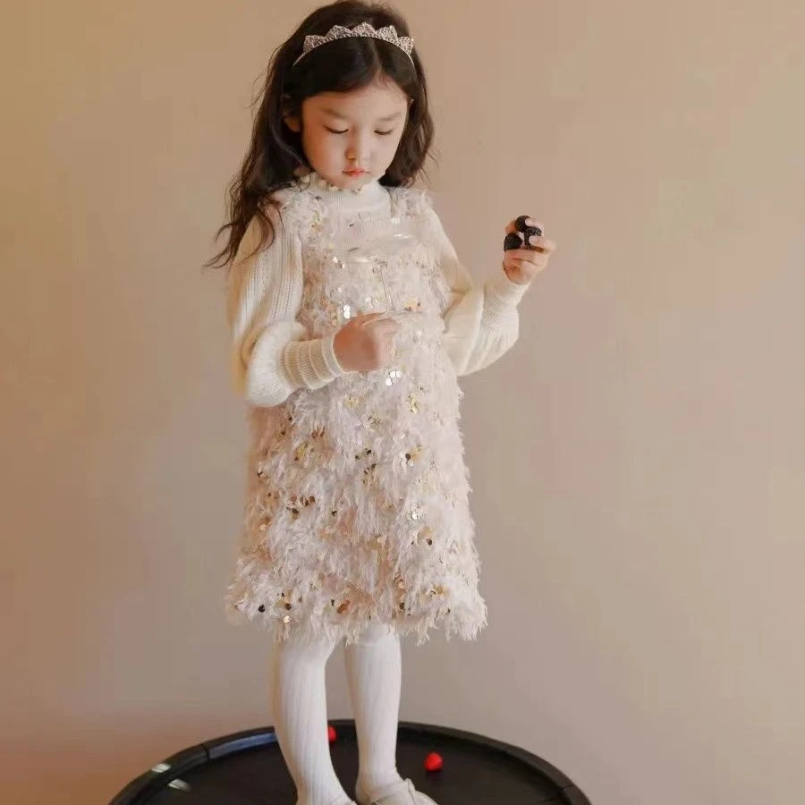 女童冬季秋装亮片公主套装2023新款流苏加厚背心洋气儿童