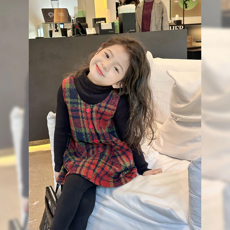 女童秋冬格纹新款毛呢背心裙子宝宝韩版甜美连衣裙洋气格子无袖裙