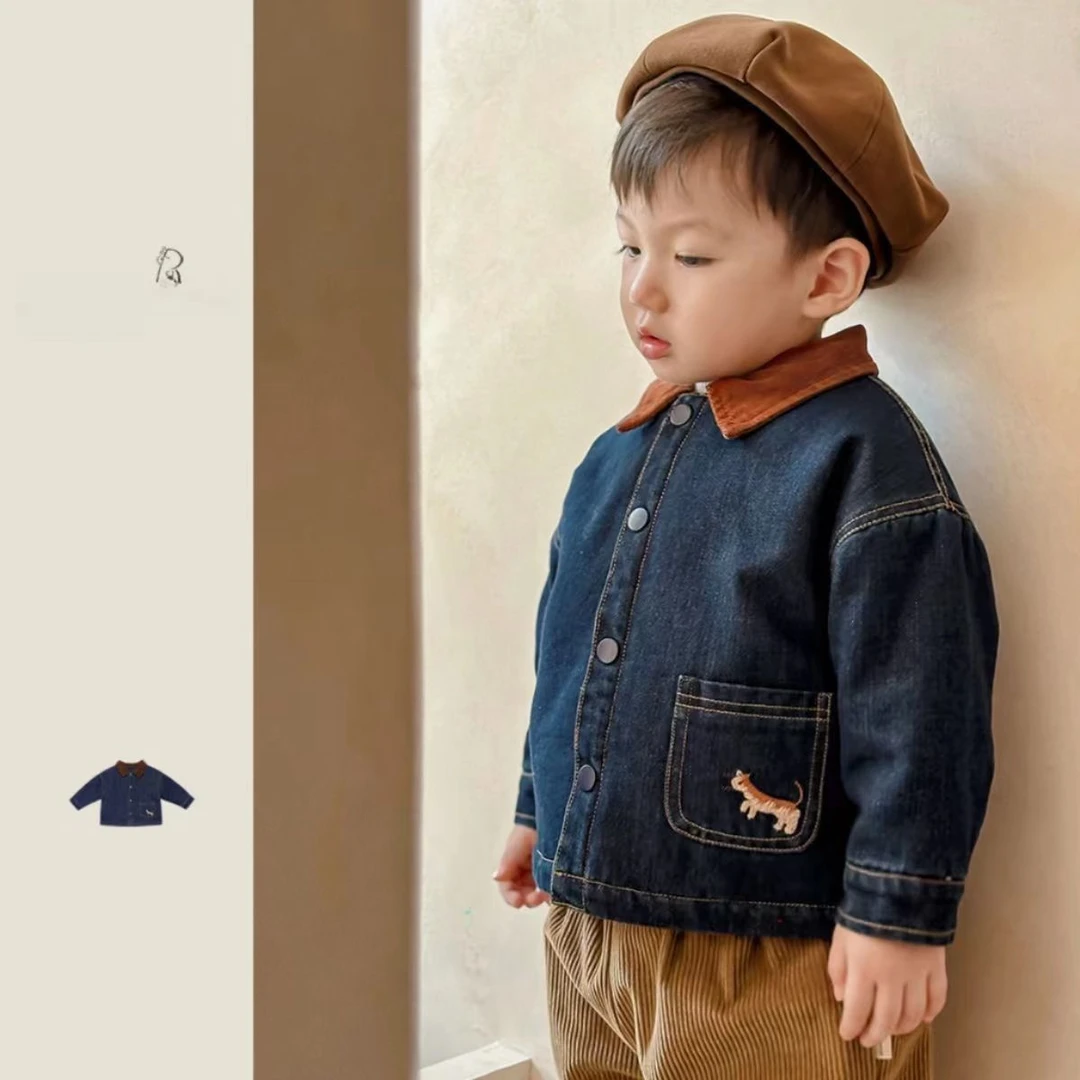简约时髦范~日韩儿童加绒保暖牛仔衣外套男女宝宝棉衣衬衫冬装潮