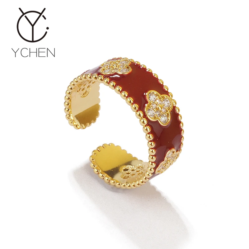 铜合金珐琅戒指 开口红色珐琅滴釉四叶花瓣戒指女法式复古轻奢