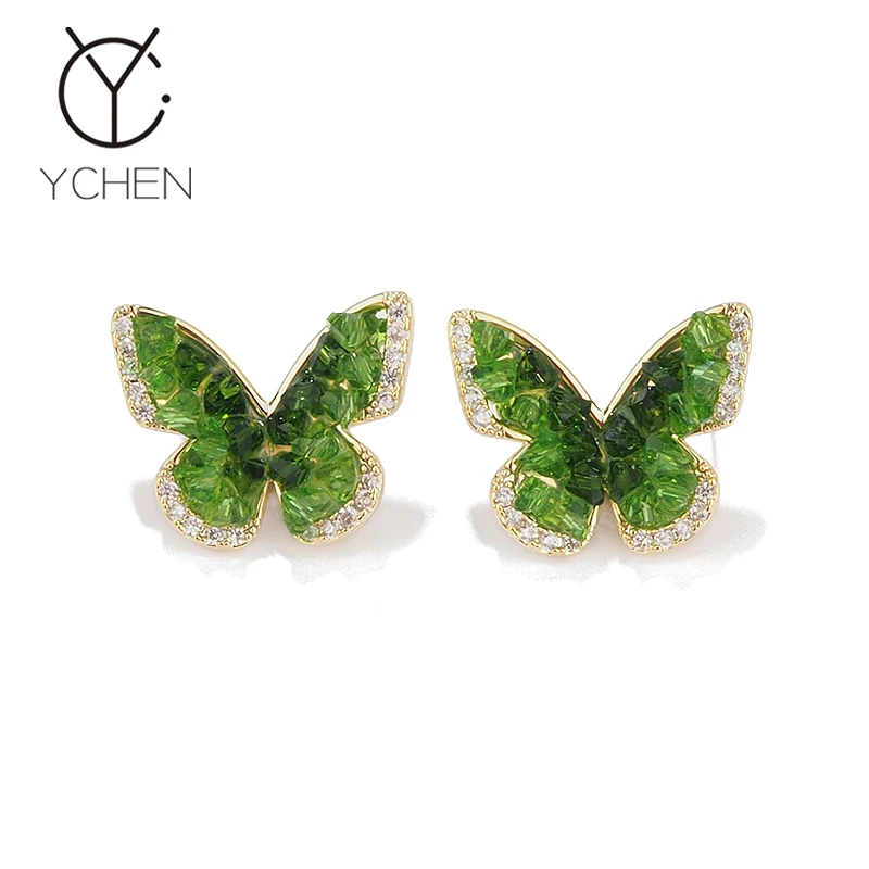 铜合金耳饰 清新渐变绿蝴蝶耳环女2024新款高级感耳钉