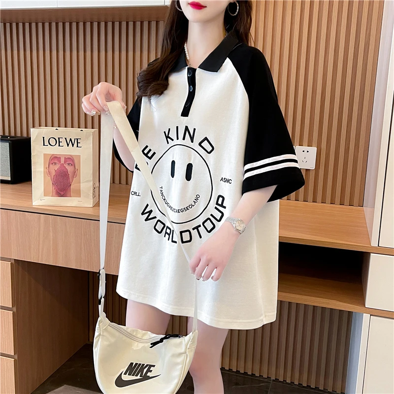 胖妹妹大码POLO衫纯棉短袖t恤女夏装2024新款笑脸刺绣学生上衣女