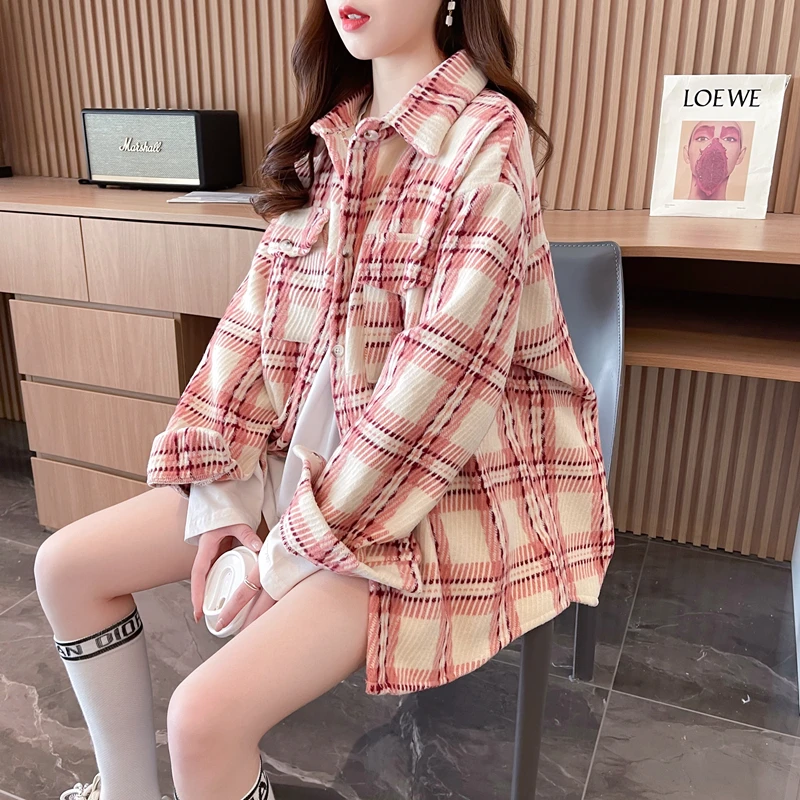 加厚磨毛格子外套衬衣女2024新款宽松百搭设计感复古长袖上衣女潮