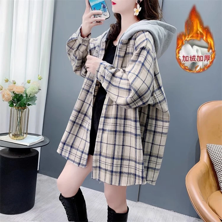 中长款加绒厚款开衫格子衬衣外套女2024新款洋气百搭慵懒风上衣女