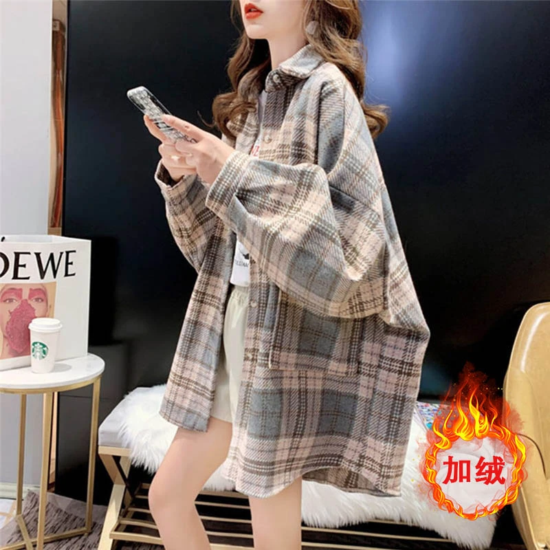 秋冬加绒厚款磨毛衬衫外套女2024新款洋气百搭减龄复古格子衬衣女