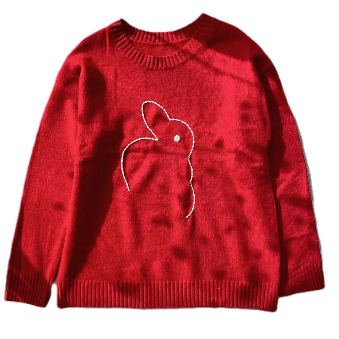 月华浓 100澳洲羊毛手绣兔子毛衣宽松大码套头上衣女秋冬重工圆领