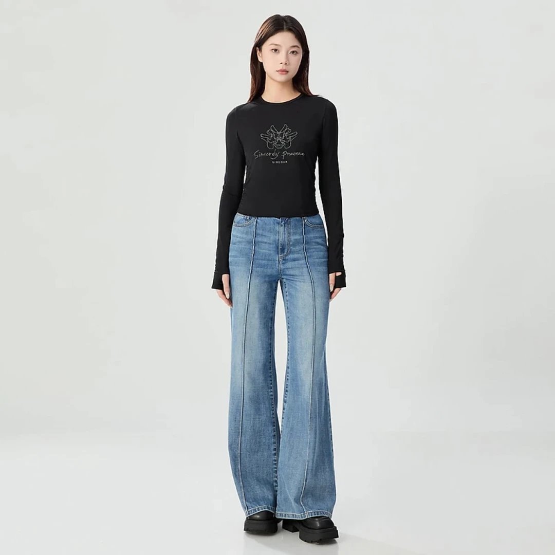 新款时尚百搭龙头圆领短款腰 褶设计长袖套头衫1300887