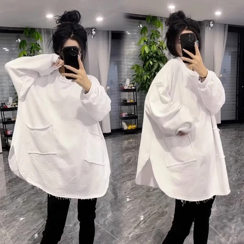 欧洲站开叉毛边下摆长袖T恤女2025秋季新款宽松中长款打底衫上衣