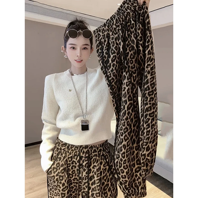 欧洲站个性豹纹休闲小脚卫裤女2025秋冬新款加绒加厚小个子哈伦裤